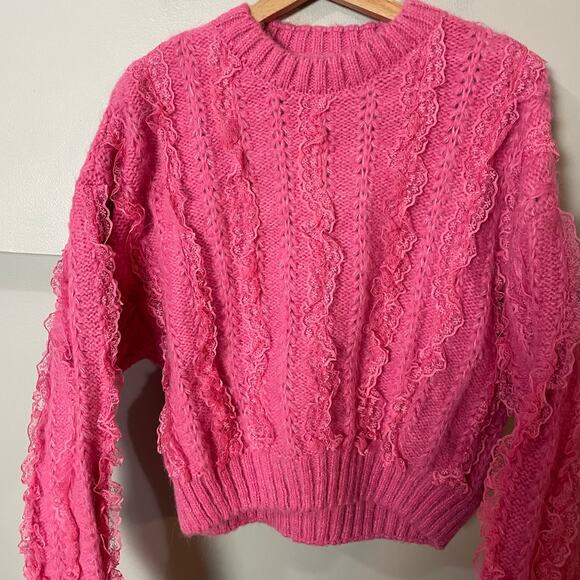 Zara Pink Ruffled & Lace Chunky Knit Sweater SZ Medium Girly Coquette Preppy - Picture 4 of 15